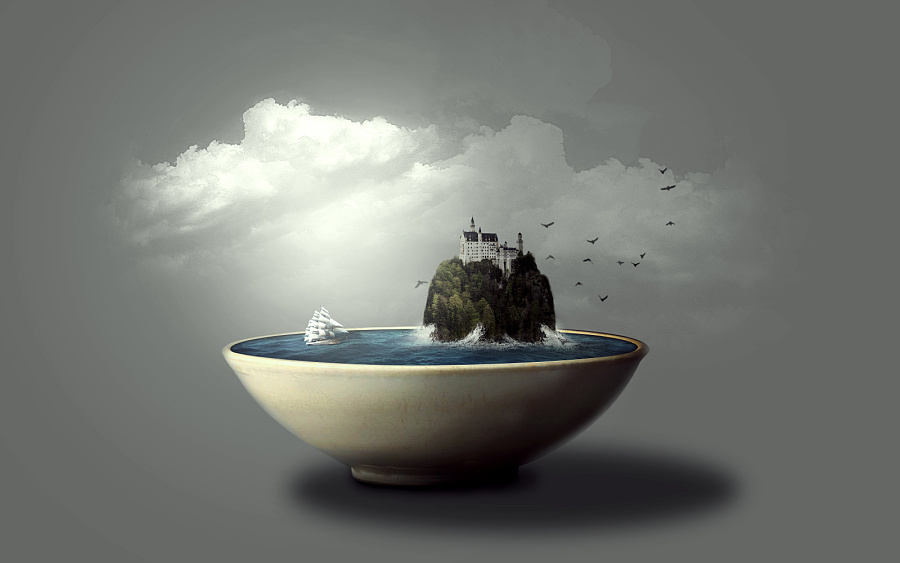 PS合成练习 碗中小场景的艺术再造——平面设计师‘猫蛾子’的创意构思与素材实战